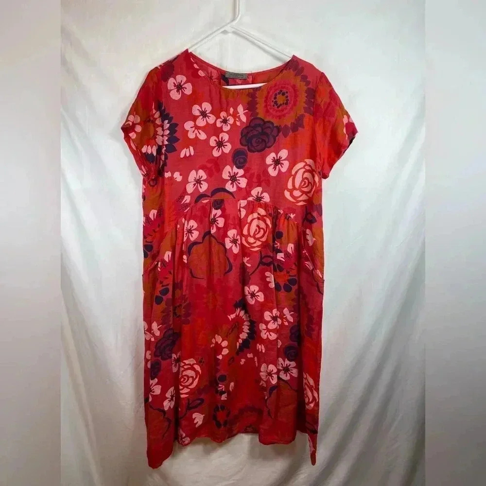 Giuseppa Collection Made in Italy 100% Linen Floral Red Short Sleeve Dress.